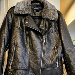 Leather  coat with fur around collar French Connection